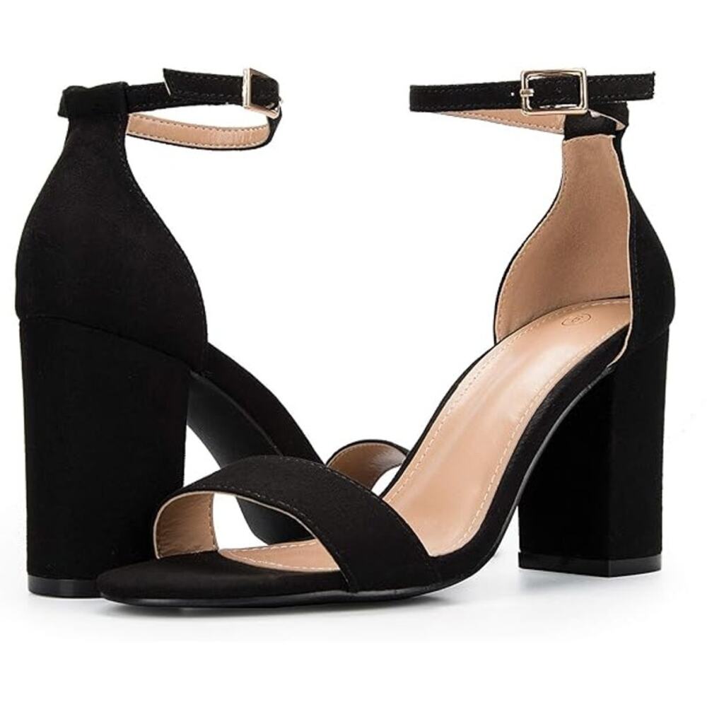 Chunky Block Heels Open Toe Ankle Strap 3.5 Inch Heeled Sandals, Black Suede, 9 - Picture 1 of 5